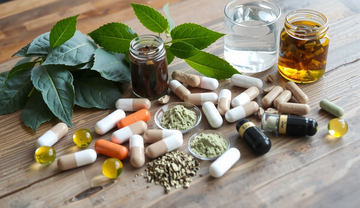 Assortiment de gélules et de poudres végétales dans un cadre naturel symbolisant les compléments alimentaires.