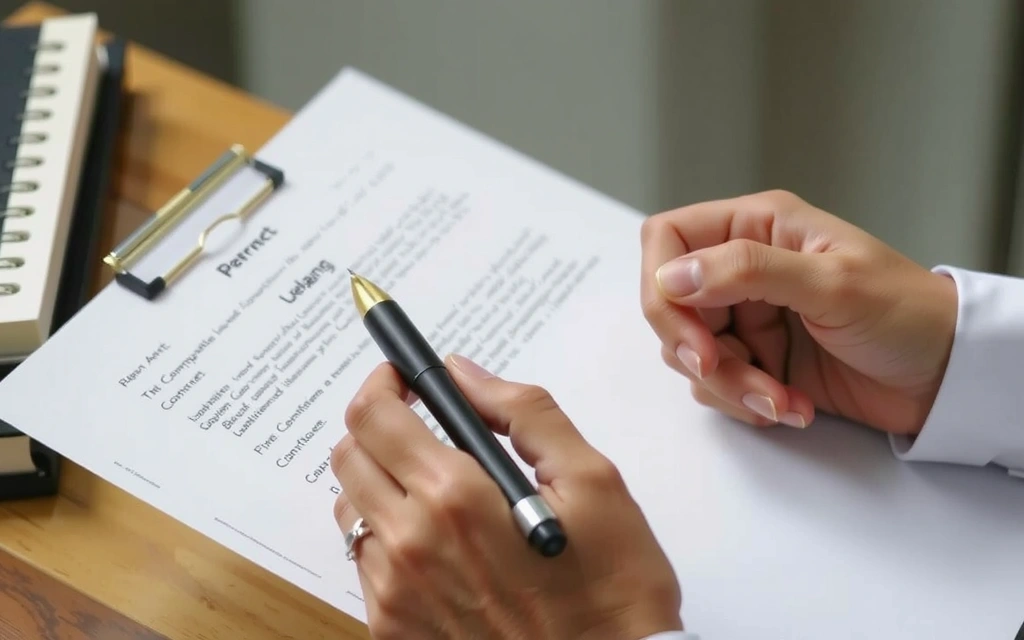 Personne lisant un document légal avec un stylo